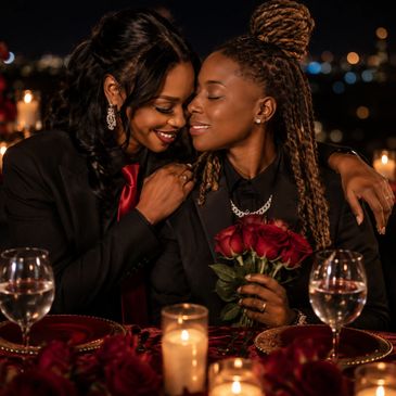 Two women sharing a tender moment at a romantic dinner with roses and candles.