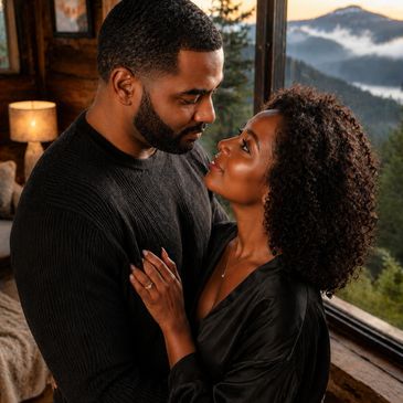 Couple sharing a tender moment in a cozy mountain cabin at sunset.