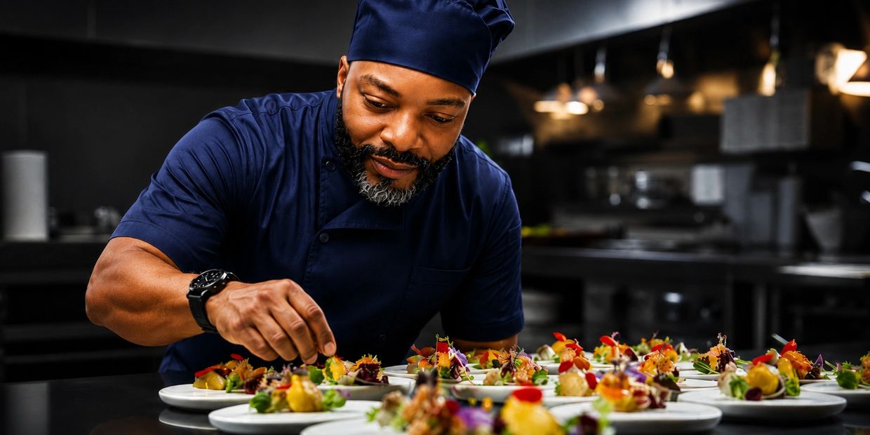 Chef carefully plating gourmet dishes in a professional kitchen.