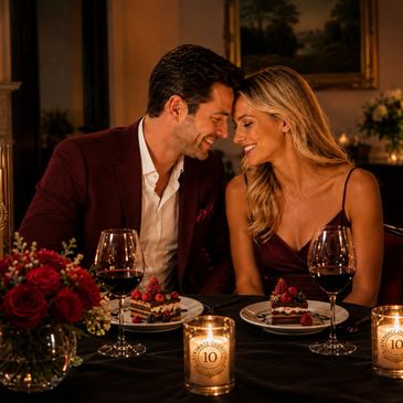 Couple enjoying a romantic candlelit dinner with wine and dessert.