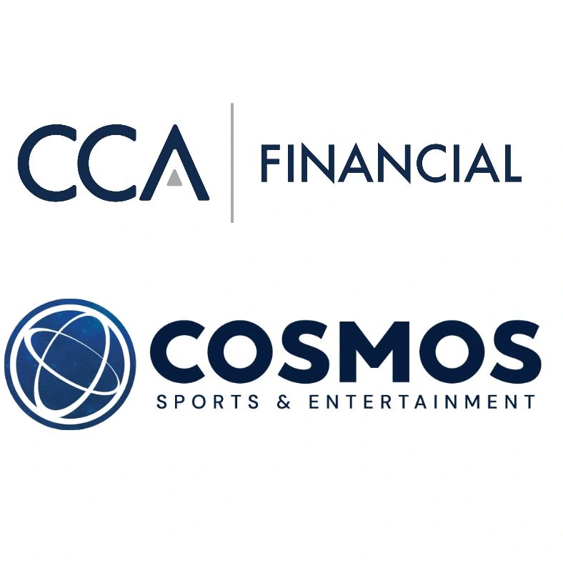 Logos of CCA Financial and Cosmos Sports &amp; Entertainment.