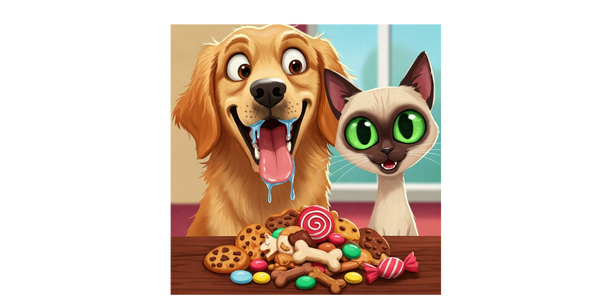 A cat and dog are sitting next to some candy.