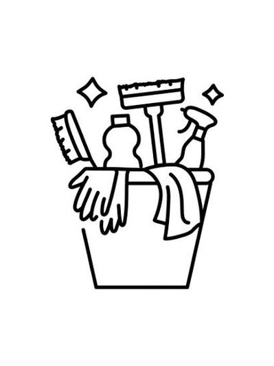 Line art of a cleaning bucket with gloves, spray bottle, brush, and cloth.