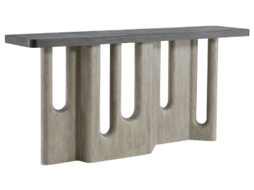 Modern console table with a unique vertical cutout design in wood.