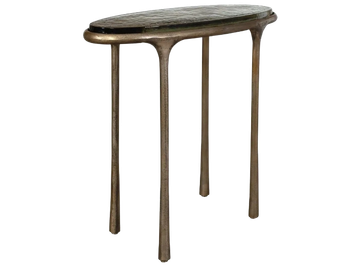 Modern console table with a unique vertical cutout design in wood.