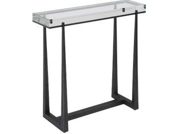 Modern console table with a unique vertical cutout design in wood.