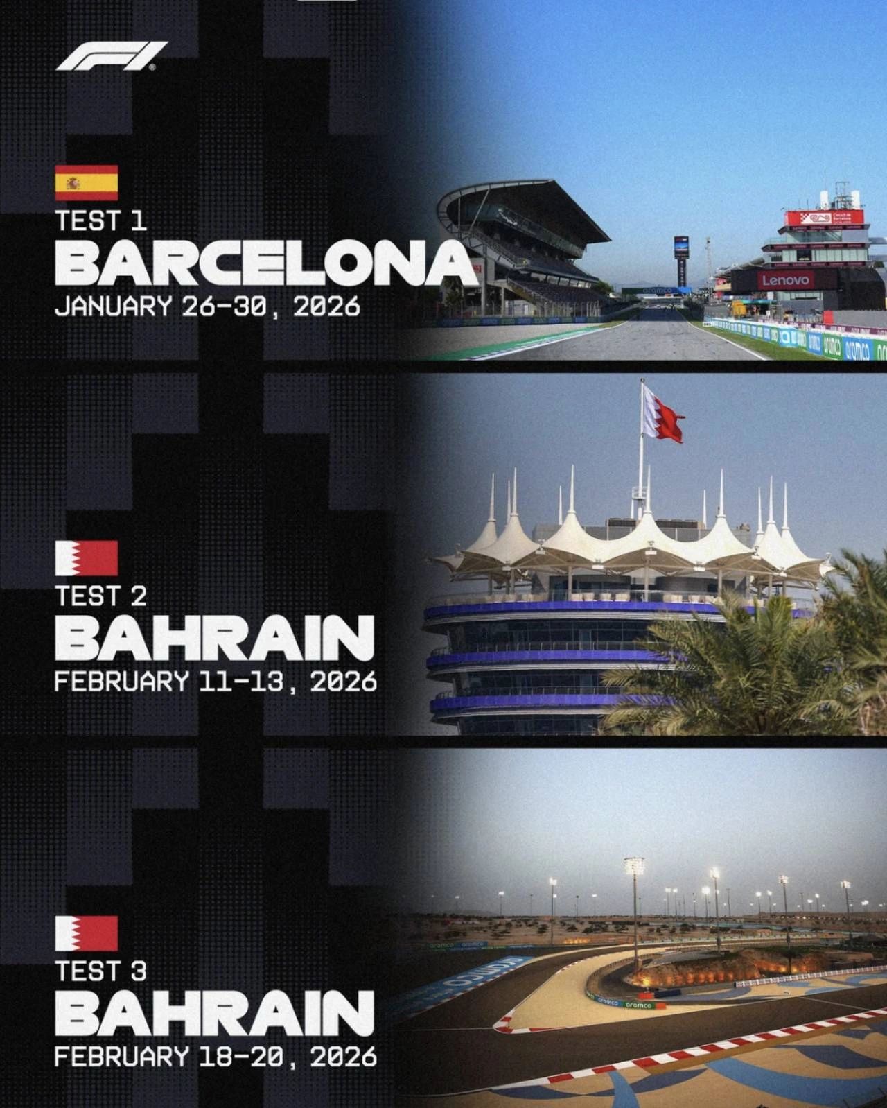 Formula 1 confirms three official pre-season tests ahead of the 2026 season. Barcelona will host the first test in late January, followed by two consecutive sessions in Bahrain during February.
