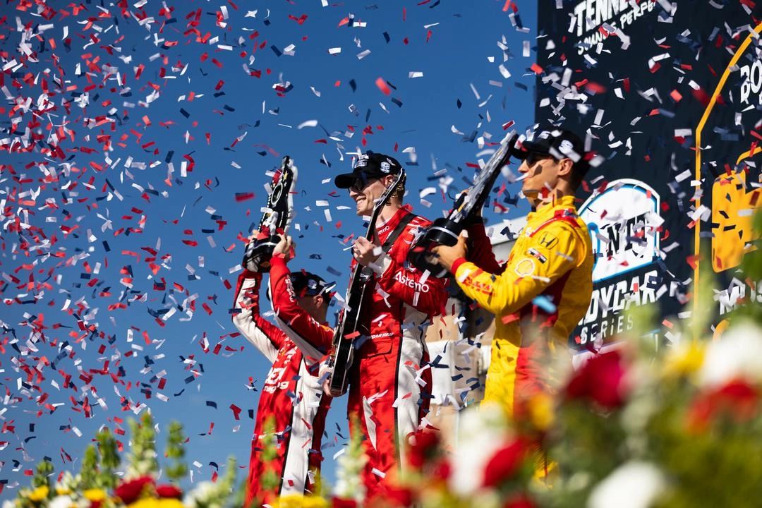 Podium celebrations at the Borchetta Bourbon Music City Grand Prix, Nashville Superspeedway. Photo credit: Penske Entertainment: Travis Hinkle. Follow@coffeecornermotorsport for full INDYCAR coverage
