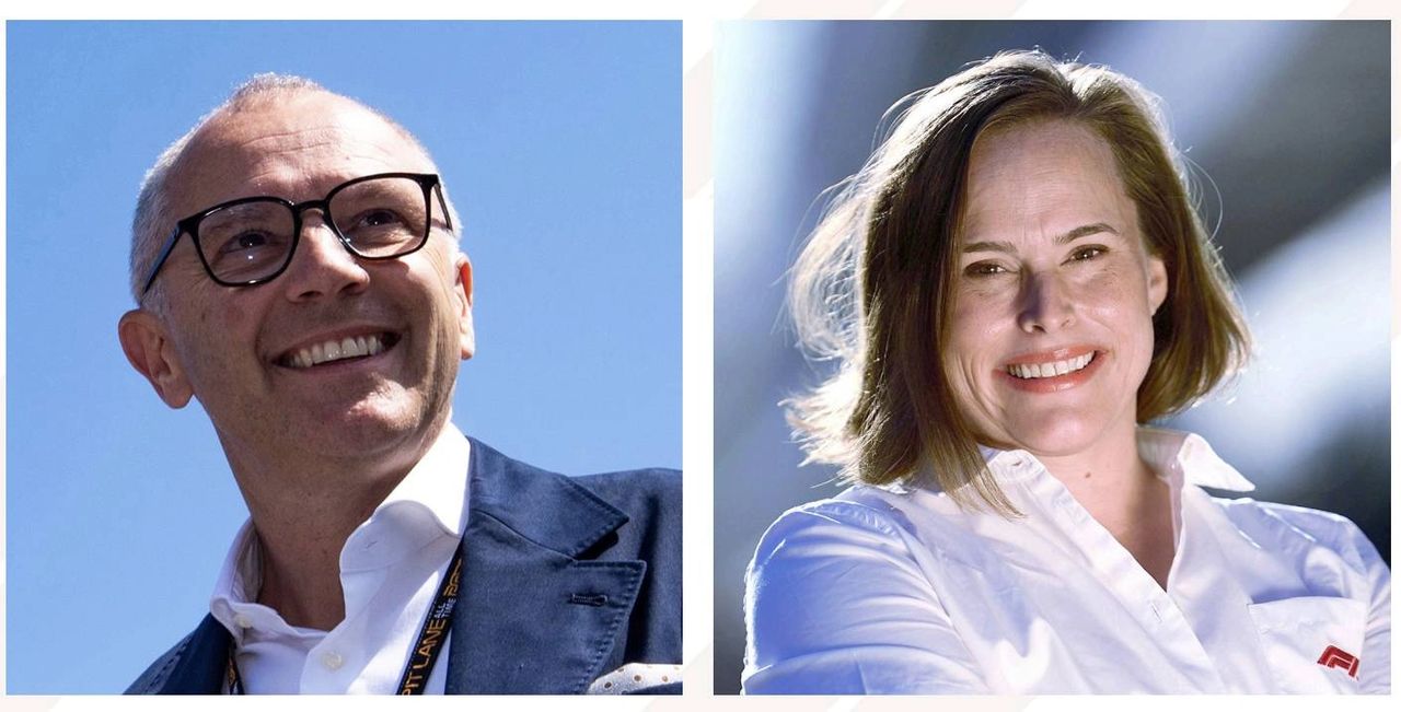 Formula 1 CEO Stefano Domenicali and ESG Head Ellen Jones smiling during 2024 season, leading F1’s sustainability efforts and carbon reduction progress"