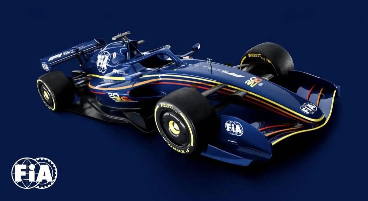 FIA concept image of the 2026 Formula 1 car with updated aerodynamic design, wider electric power output, and sustainable fuel livery.