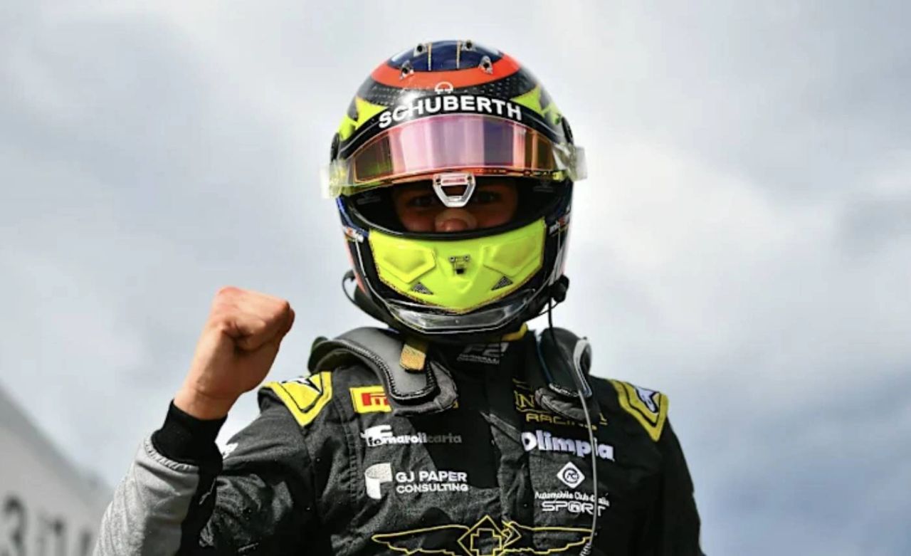 Leonardo Fornaroli celebrates pole position in Spielberg after a dramatic final lap. Photo credit: FIA Formula 2 / Formula Motorsport Ltd