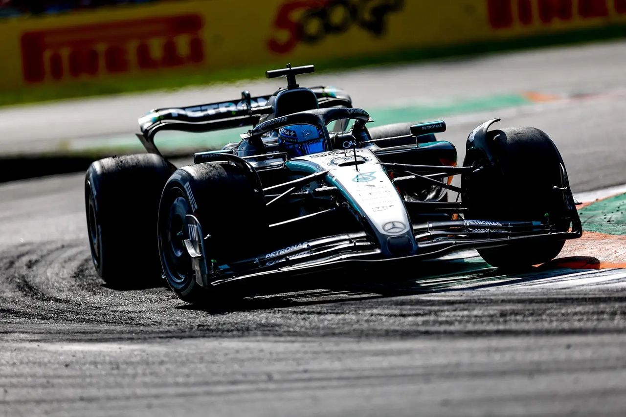 George Russell in the Mercedes-AMG Formula 1 car competing at the 2025 Italian Grand Prix in Monza.