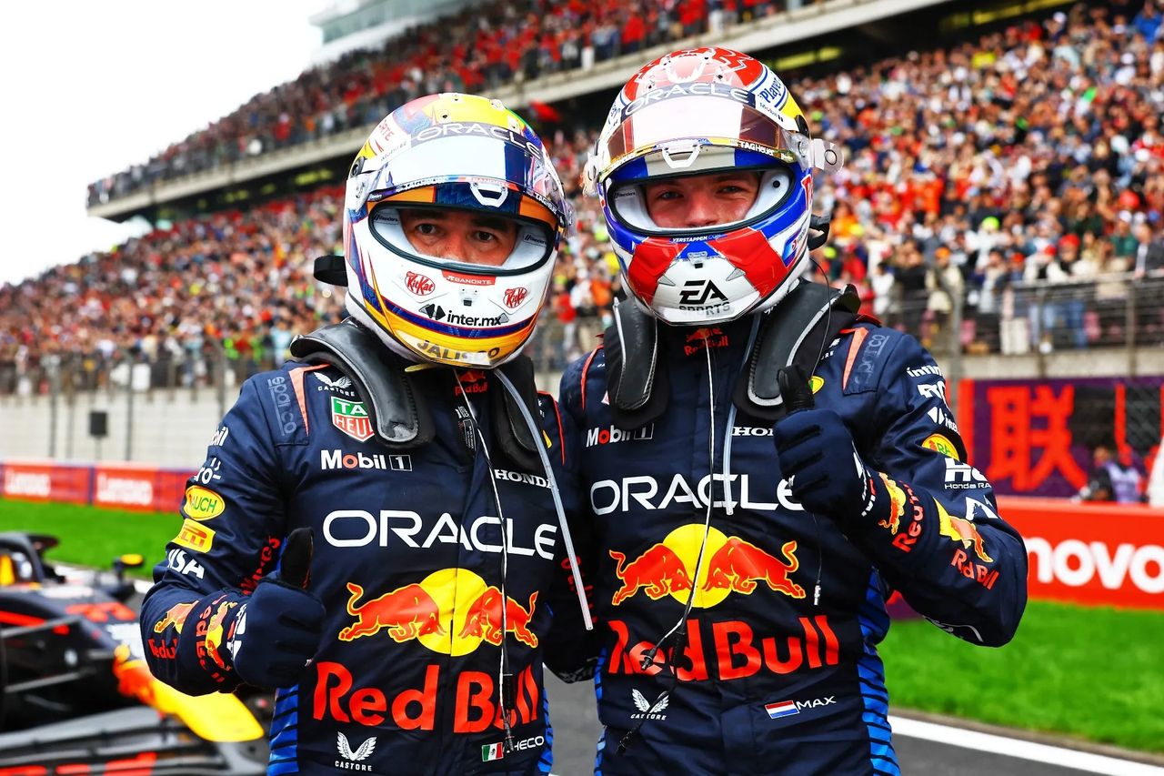 Max Verstappen and Sergio Pérez celebrate on track at the 2024 Chinese Grand Prix, marking another dominant weekend for Red Bull Racing Max Verstappen and Sergio Pérez celebrate on track at the 2024 Chinese Grand Prix, marking another dominant weekend for Red Bull Racing