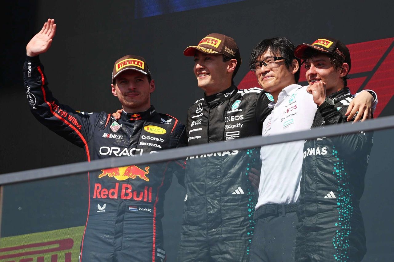 George Russell wins 2025 F1 Canadian Grand Prix podium Montreal Max Verstappen Andrea Kimi Antonelli Mercedes Red Bull George Russell wins 2025 F1 Canadian Grand Prix podium Montreal Max Verstappen Andrea Kimi Antonelli Mercedes Red Bull