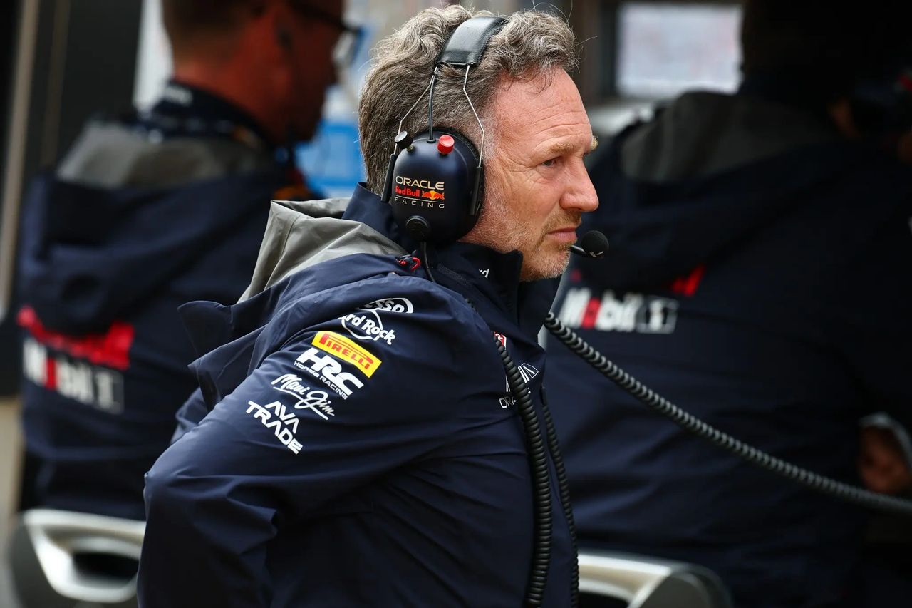 Christian Horner on the Red Bull Racing pit wall during the 2025 Formula 1 British Grand Prix at Silverstone.