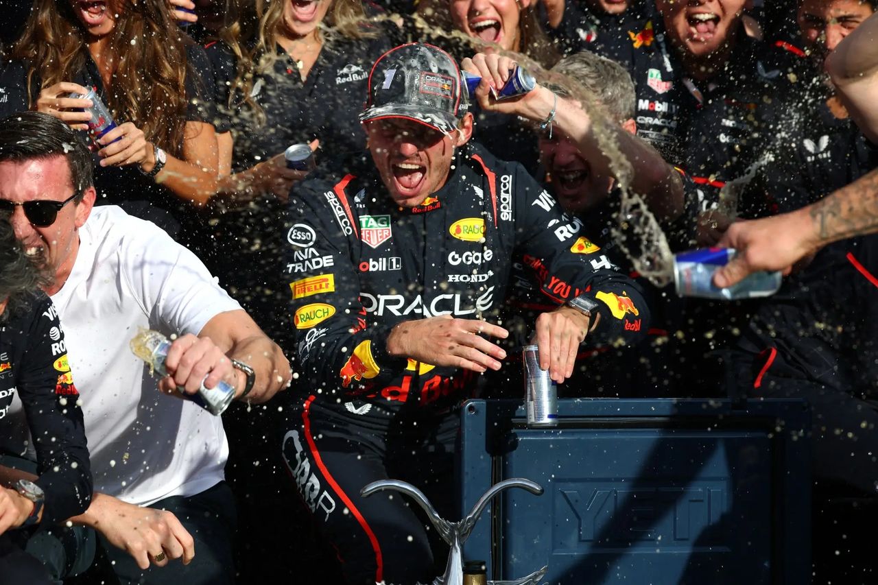 Max Verstappen celebrates victory with Red Bull Racing after winning the 2025 Formula 1 Italian Grand Prix at Monza.