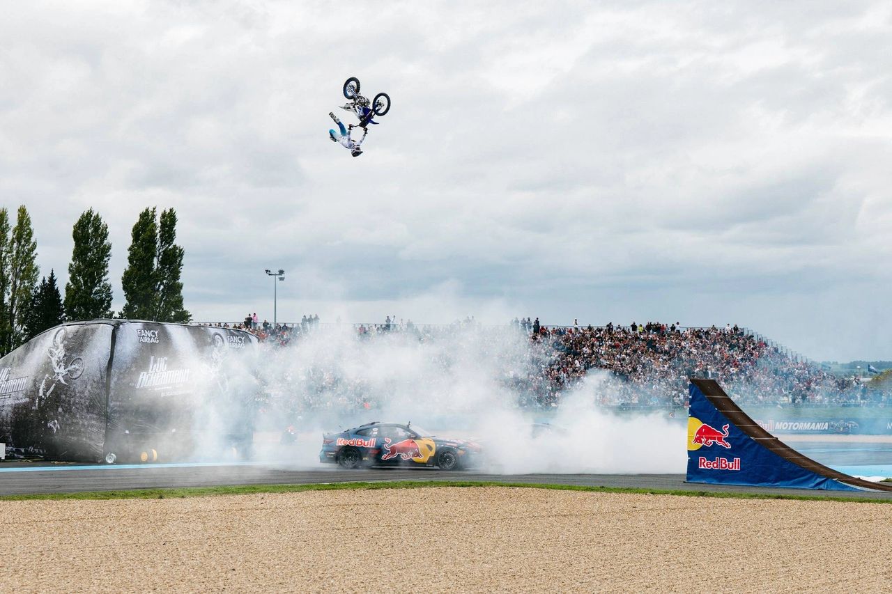 Drift Brothers drifting with freestyle motocross jump at Red Bull Motormania, Circuit de Nevers Magny-Cours, France 2025