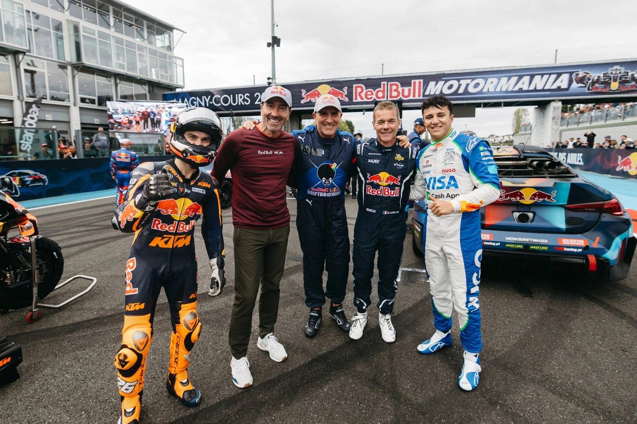 Daniel Pedrosa, Luc Alphand, Stephane Peterhansel, Sebastien Loeb and Isack Hadjar at Red Bull Motormania in Magny-Cours, September 2025