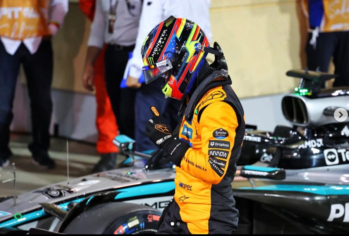 OSCAR PIASTRI CELEBRATING POLE POSITION IN BAHRAIN