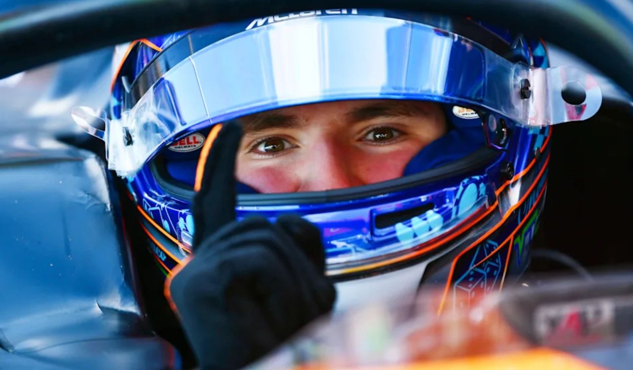 Alexander Dunne celebrates securing pole position at the F2 Monaco Grand Prix, pointing to the camera from inside his Rodin Motorsport car after a last-lap qualifying lap edged Victor Martins by just 0.003s.