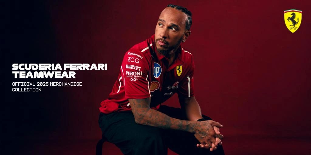 Lewis Hamilton in 2025 Scuderia Ferrari official teamwear from the F1 Store, photographed in Ferrari’s official campaign.