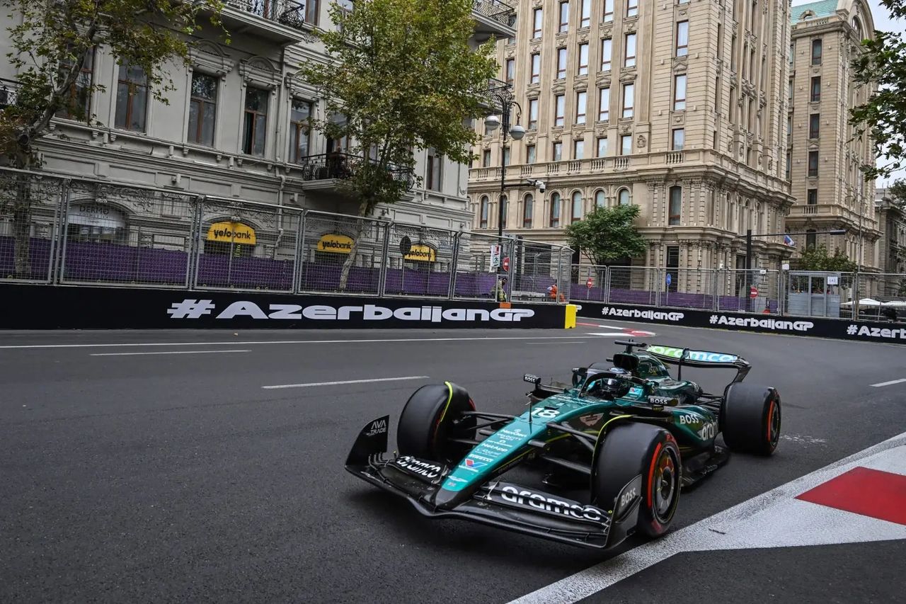 Aston Martin’s Lance Stroll drives the AMR24 at the Baku City Circuit during the 2024 Azerbaijan Grand Prix.