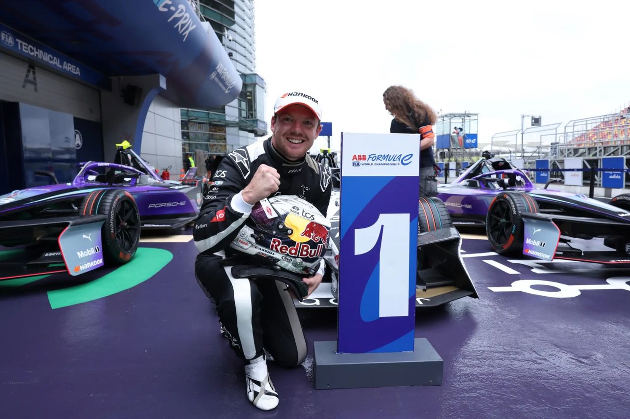 Nick Cassidy claims Jaguar TCS Racing's second win of the 2024–25 Formula E season in wet conditions at the Shanghai E-Prix. Formula E photo shows Cassidy celebrating alongside his GEN3 Evo race car and the winner’s board. Nick Cassidy claims Jaguar TCS Racing's second win of the 2024–25 Formula E season in wet conditions at the Shanghai E-Prix. Formula E photo shows Cassidy celebrating alongside his GEN3 Evo race car and the winner’s board.