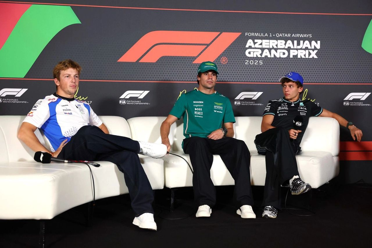 Liam Lawson, Lance Stroll and Kimi Antonelli speak at the Azerbaijan GP 2025 media day press conference in Baku.