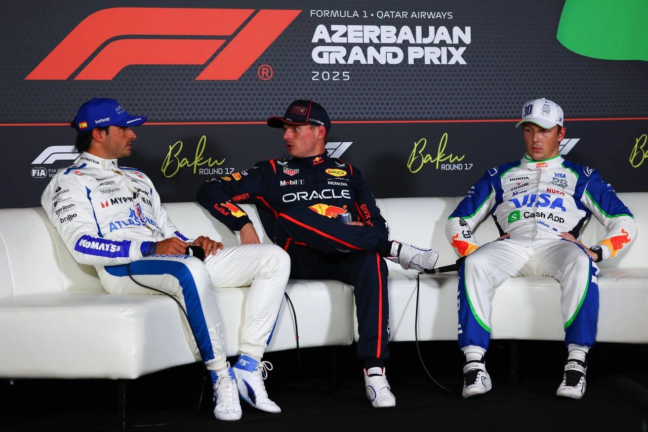 Max Verstappen, Carlos Sainz, and Liam Lawson in 2025 Azerbaijan GP qualifying press conference after chaotic session with six red flags.