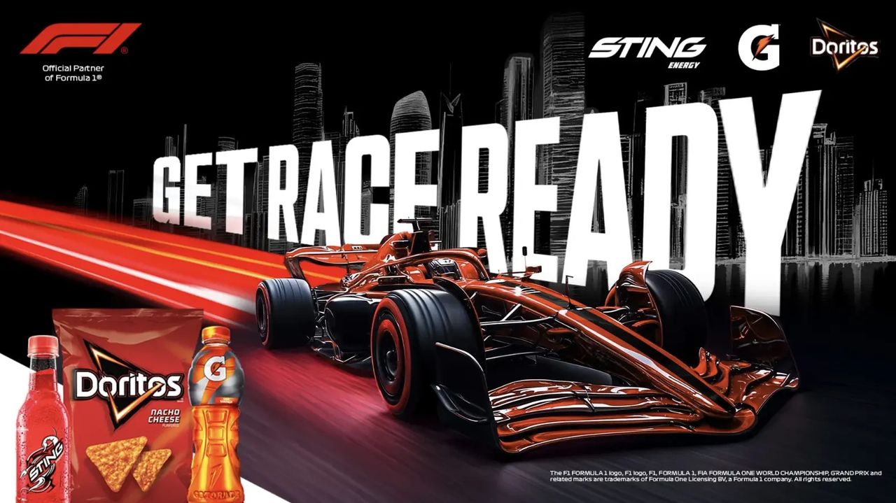 “Formula 1 car with Gatorade, Doritos and Sting branding under PepsiCo’s new global sponsorship deal with F1.”