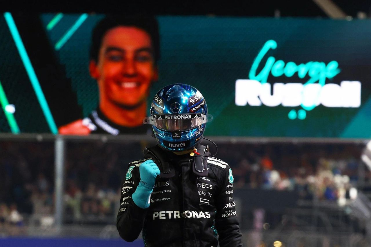 George Russell celebrates taking pole position for the 2025 Singapore Grand Prix qualifying at Marina Bay Street Circuit, Singapore. Image courtesy of Mercedes-AMG Petronas Formula One Team / Mark Thompson. George Russell celebrates taking pole position for the 2025 Singapore Grand Prix qualifying at Marina Bay Street Circuit, Singapore. Image courtesy of Mercedes-AMG Petronas Formula One Team / Mark Thompson.