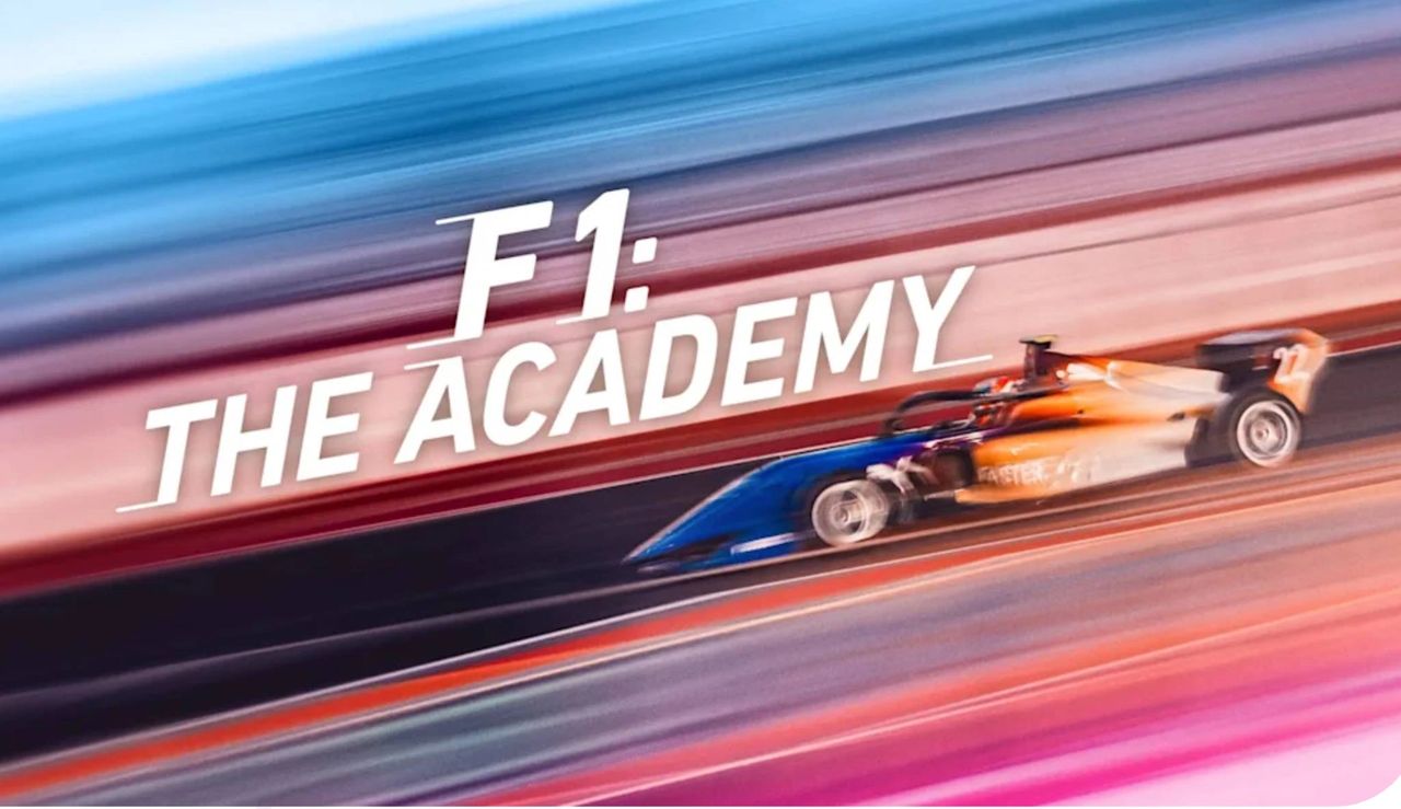 F1 Academy Netflix series promotional image featuring a fast-moving single-seater race car with the title text overlaid F1 Academy Netflix series promotional image featuring a fast-moving single-seater race car with the title text overlaid
