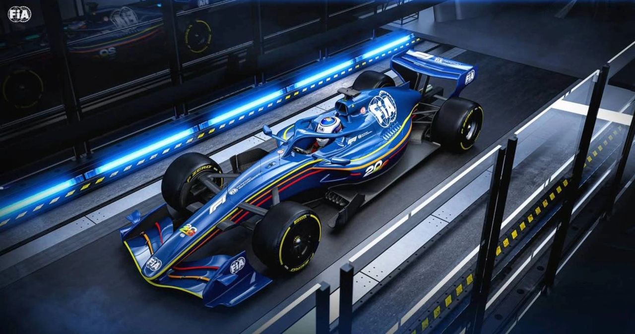 A blue FIA Formula 1 car in a wind tunnel test facility, illustrating aerodynamic evaluation procedures used to measure front wing flex and airflow behaviour.