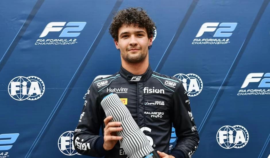 Formula 2 Baku 2025 qualifying – Jak Crawford celebrates pole position with Aramco Pole Award.