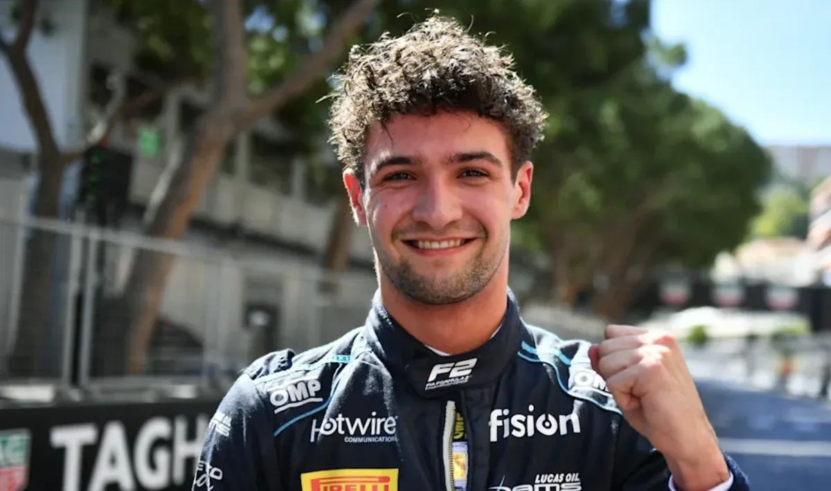 Jak Crawford celebrates after winning the 2025 Formula 2 Feature Race in Monaco following a dramatic red-flag restart