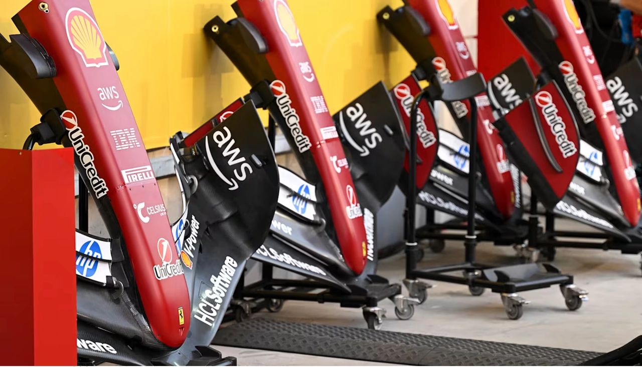 Ferrari SF-25 front wings inspected in the garage during the 2025 Spanish Grand Prix weekend, after failing a new FIA deflection test under TD018 Ferrari SF-25 front wings inspected in the garage during the 2025 Spanish Grand Prix weekend, after failing a new FIA deflection test under TD018