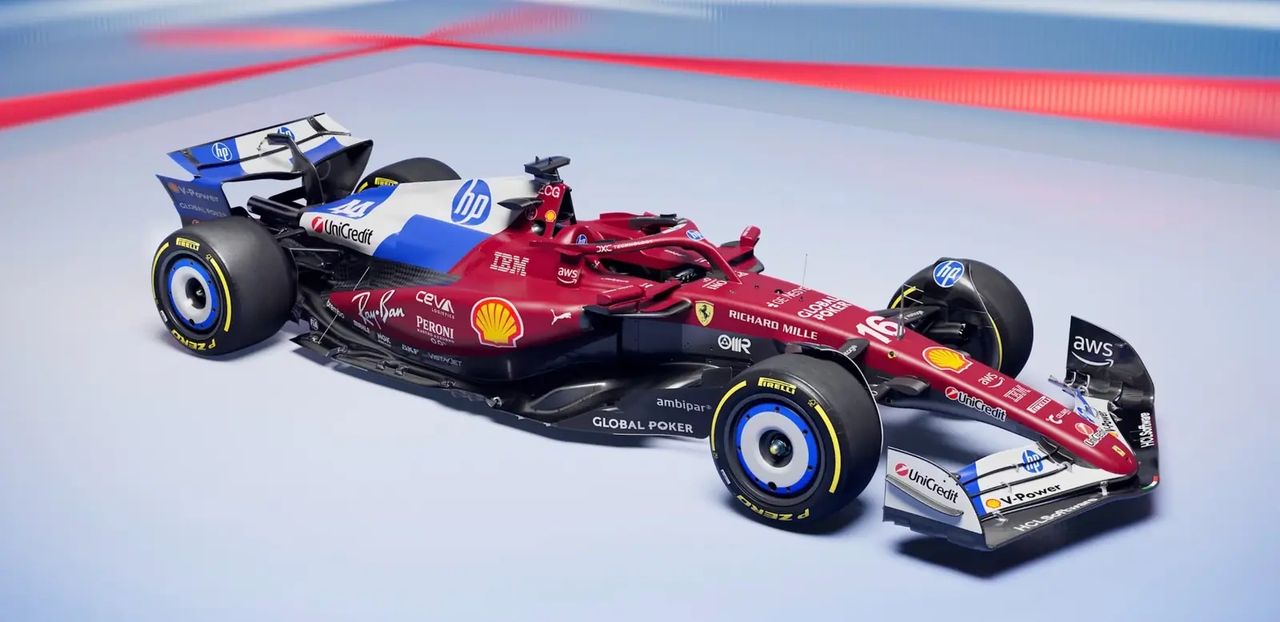 Ferrari SF-25 Formula 1 car with blue and white Azzurro accents unveiled at the 2025 Miami Grand Prix in collaboration with Hewlett Packard.
