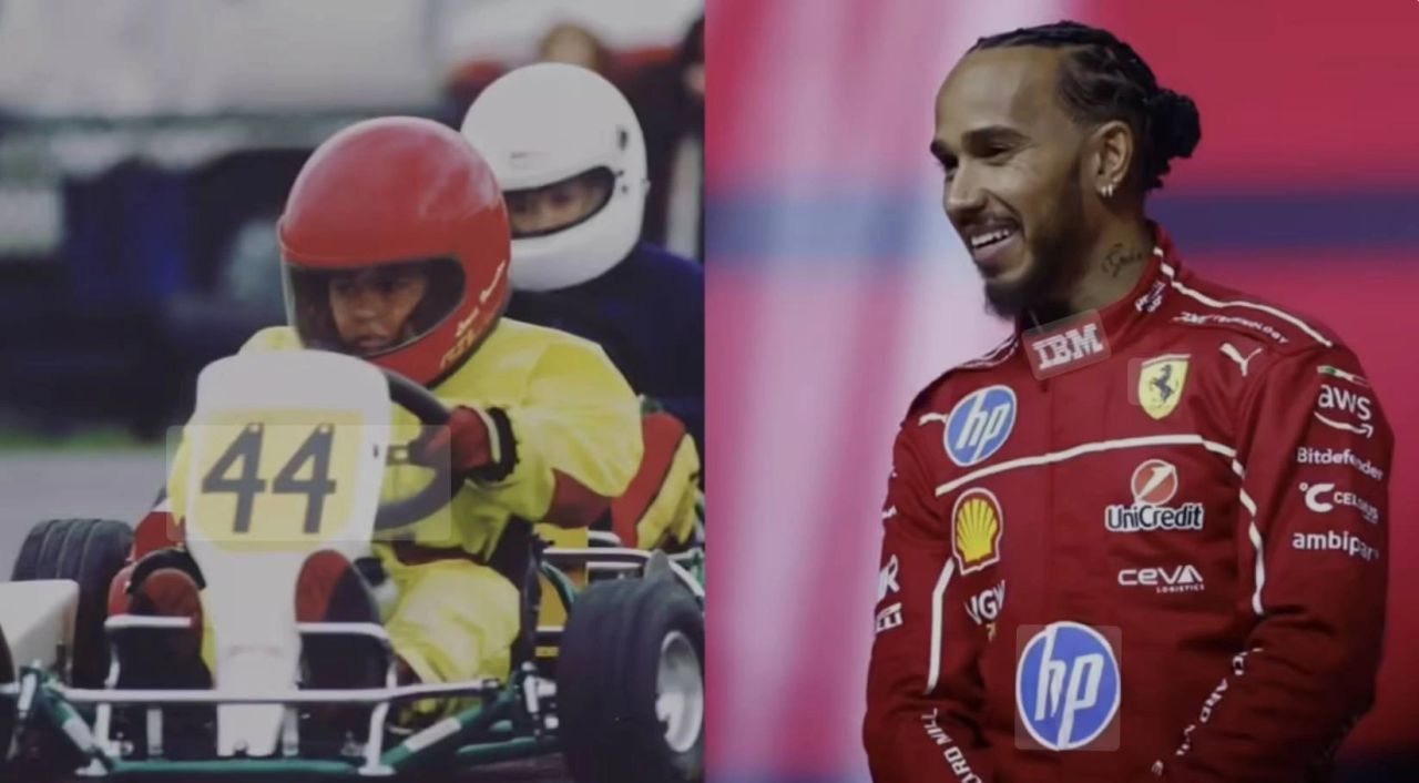 Lewis Hamilton side-by-side image showing him as a young karting driver wearing number 44 and as a Ferrari Formula 1 driver in 2025. Photo via Lewis Hamilton on Instagram. Lewis Hamilton side-by-side image showing him as a young karting driver wearing number 44 and as a Ferrari Formula 1 driver in 2025. Photo via Lewis Hamilton on Instagram.