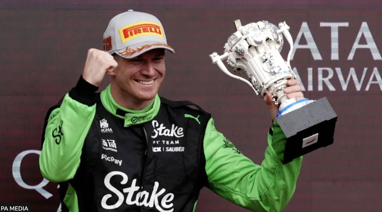 Nico Hülkenberg celebrates with the trophy after finishing third in the 2025 British Grand Prix at Silverstone. The Sauber driver scored his first career podium after 239 race starts. Nico Hülkenberg celebrates with the trophy after finishing third in the 2025 British Grand Prix at Silverstone. The Sauber driver scored his first career podium after 239 race starts.