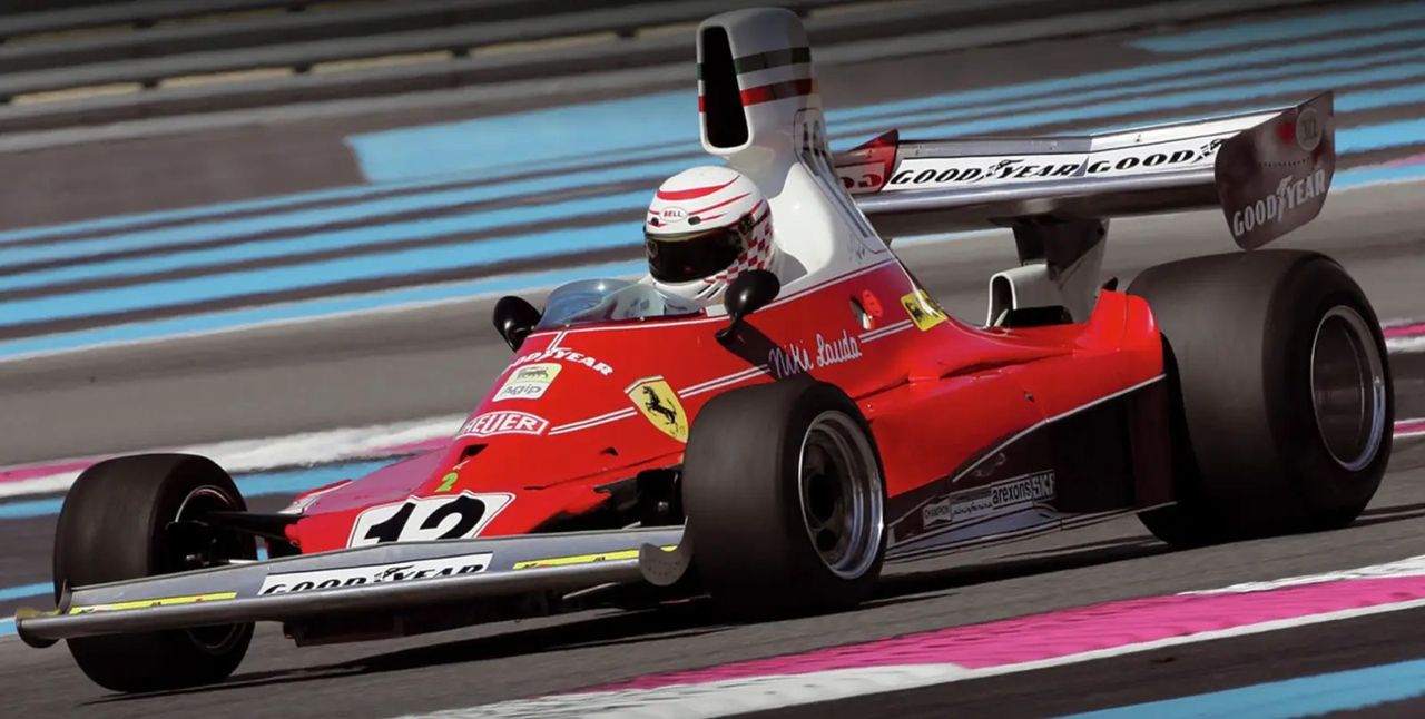 iki Lauda driving the Ferrari 312T with its distinctive white airbox during the 1975 Formula 1 season, where he won his first world title at Monza.