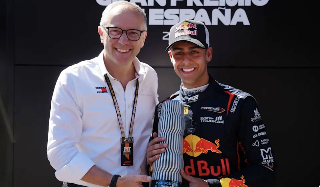 Arvid Lindblad holds Pole Position Award with F1 CEO Stefano Domenicali at the 2025 F2 Spanish Grand Prix in Barcelona. Arvid Lindblad holds Pole Position Award with F1 CEO Stefano Domenicali at the 2025 F2 Spanish Grand Prix in Barcelona.