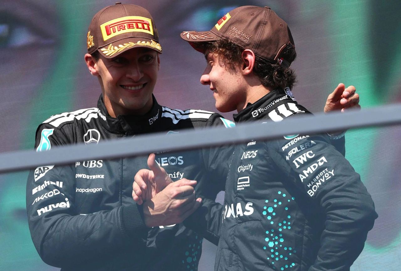 George Russell and Kimi Antonelli on the Canadian GP podium after Mercedes scored their first win of 2025, following a McLaren collision and post-race steward investigations.