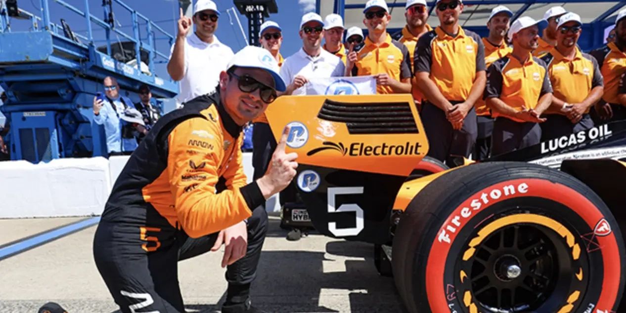Pato O’Ward celebrates with Arrow McLaren after taking pole for the 2025 Music City Grand Prix in Nashville. Pato O’Ward celebrates with Arrow McLaren after taking pole for the 2025 Music City Grand Prix in Nashville.