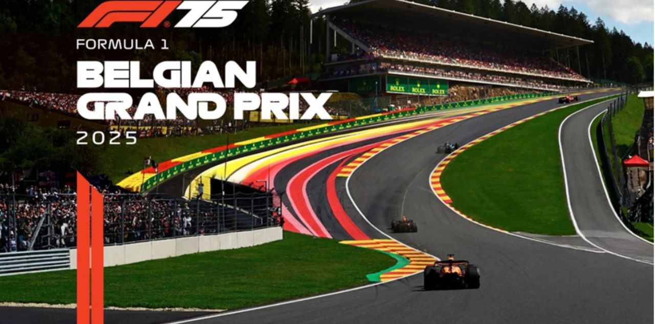 F1 cars climb Eau Rouge at Spa during the 2025 Belgian Grand Prix, one of the most iconic corners in motorsport.