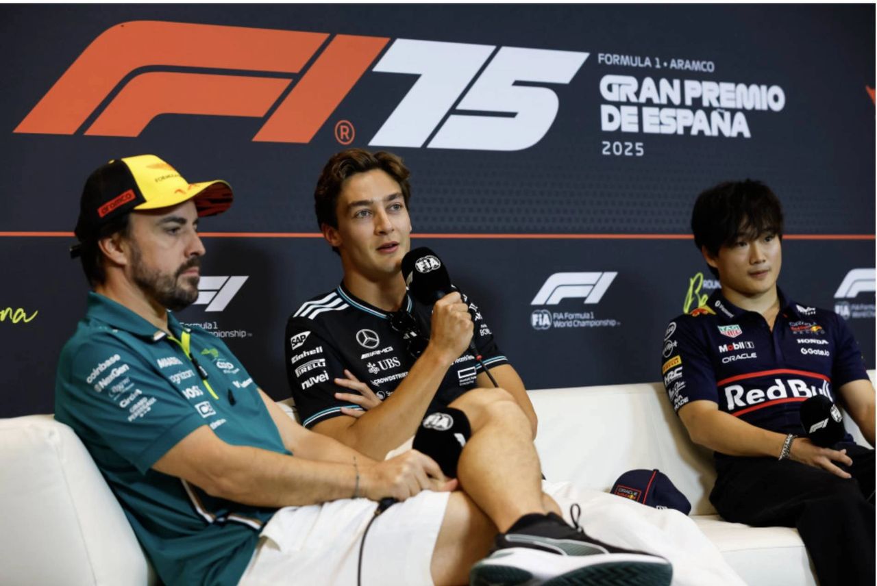 Fernando Alonso, George Russell, and Yuki Tsunoda during the 2025 Spanish Grand Prix Thursday press conference.