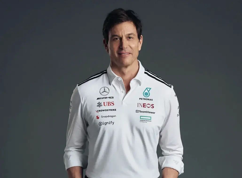 Toto Wolff wearing a white Mercedes-AMG PETRONAS team shirt with sponsor logos ahead of the 2025 Hungarian Grand Prix. Image courtesy of Mercedes.