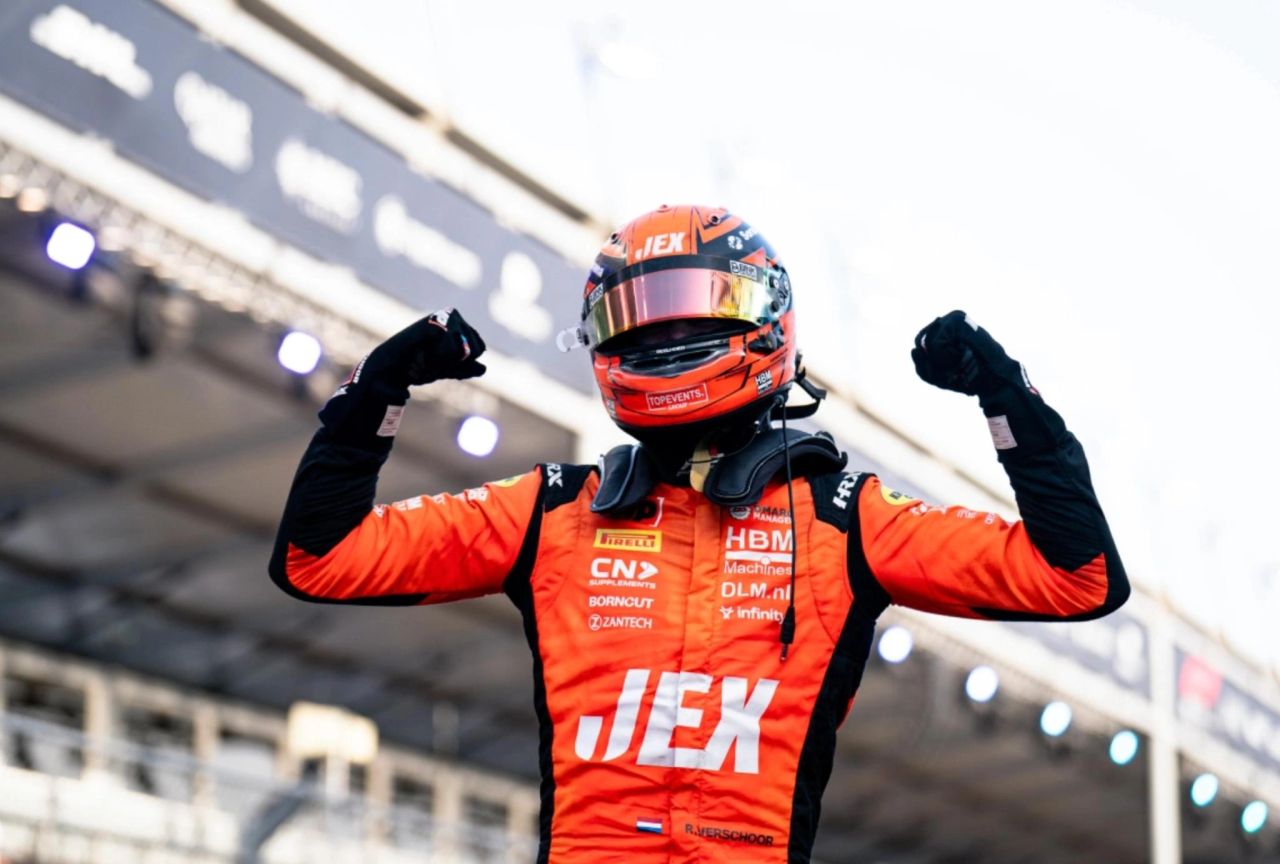 Richard Verschoor celebrates an earlier F2 win in Jeddah; he later claimed victory in the Barcelona Sprint Race for MP Motorsport. Richard Verschoor celebrates an earlier F2 win in Jeddah; he later claimed victory in the Barcelona Sprint Race for MP Motorsport.