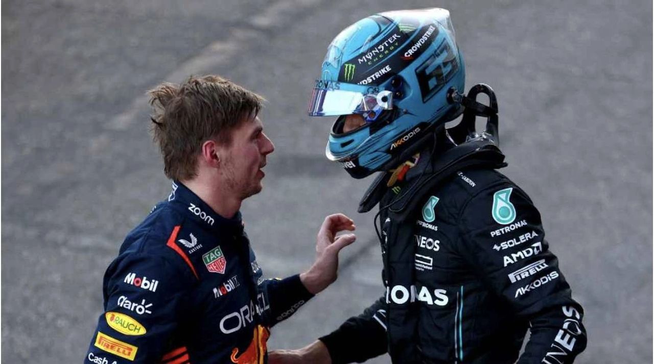 Max Verstappen confronts George Russell after the 2023 Azerbaijan Grand Prix sprint race — a flashpoint in their rivalry that reflects Formula 1's history of champion clashes.