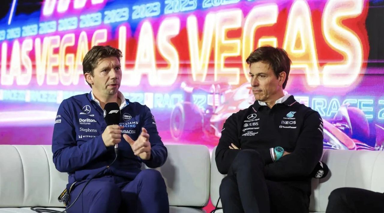 Williams boss James Vowles and Mercedes team principal Toto Wolff pictured during a media session in Las Vegas. Their long-standing relationship was highlighted again at the 2025 Monaco Grand Prix after a mid-race text exchange. Picture by F1