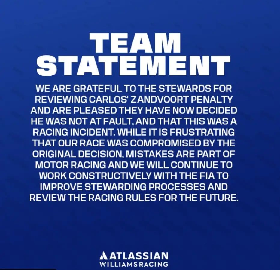 Williams statement on Carlos Sainz penalty overturned at Dutch Grand Prix 2025. Williams statement on Carlos Sainz penalty overturned at Dutch Grand Prix 2025.